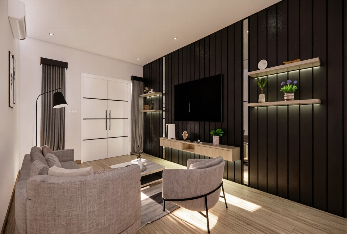Inspirasi ruang keluarga elegan dengan panel dinding kayu dan furniture kustom premium.